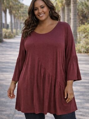 IMAN Global Chic 2X Burgundy Tunic Top Asymmetrical Hem Bell Sleeve 23x33